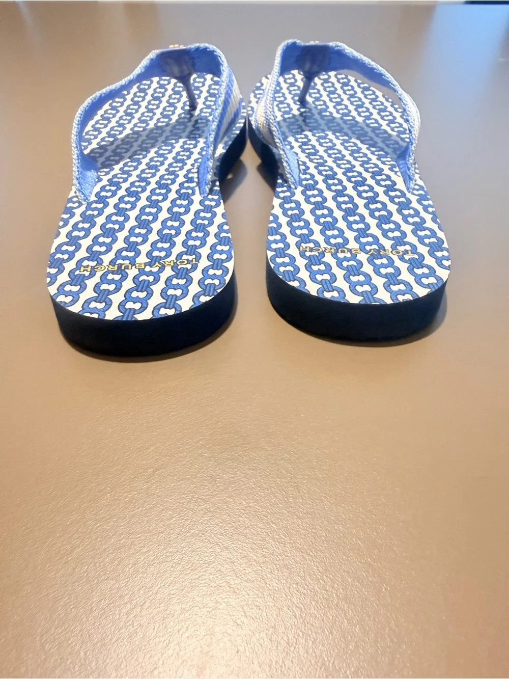 Tory Burch Gemini Link Stripe Fabric Flip Flop Blue White Size 8